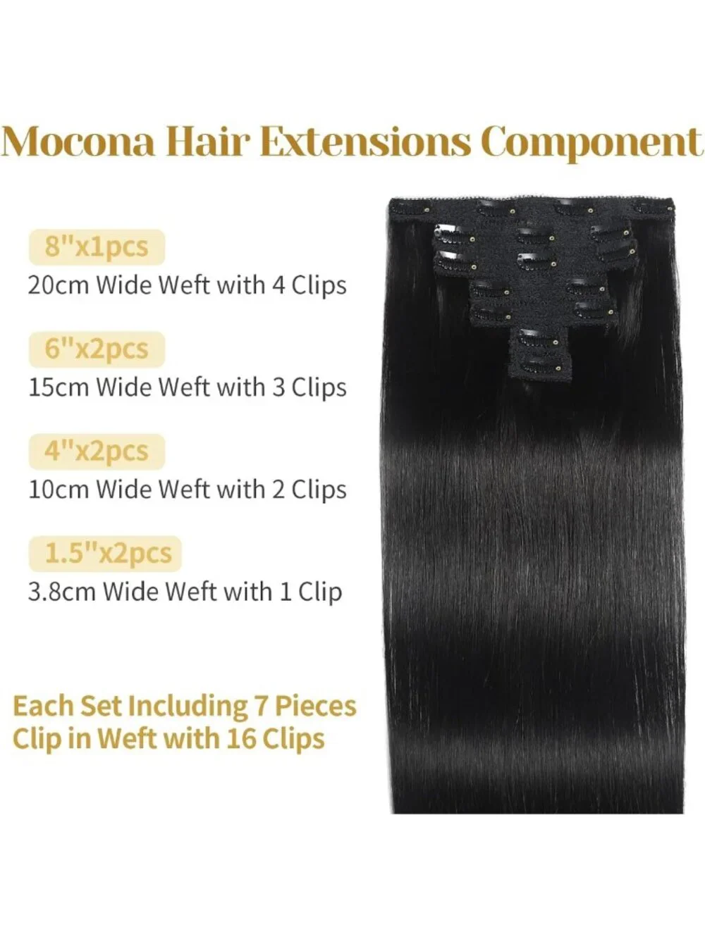 16 Inch Clip-In Real Human Hair Extensions - Soft Remy, Natural Black, 7pcs